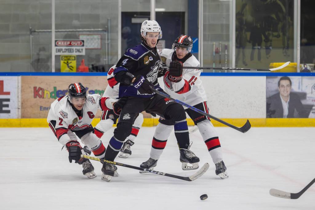 The Mission City Outlaws advanced past the Port Moody Panthers in five games during the opening round of PJHL playoff action. (Photo Courtesy of Purple Poppy Photography)